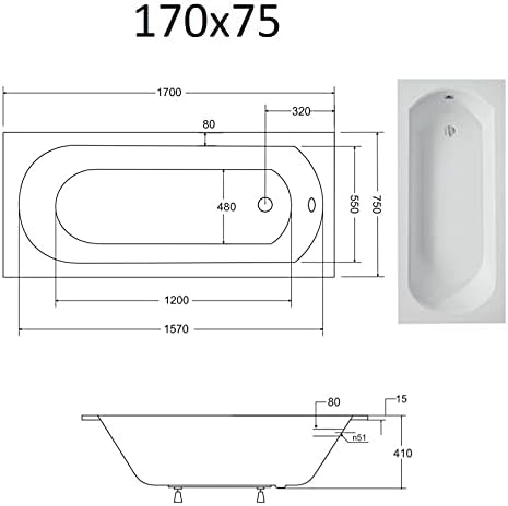 BADLAND Badewanne Original Weiss Acryl Wanne Rechteck INTRICA 170x75 KOMPLETTSET SET mit Weiss Acryl