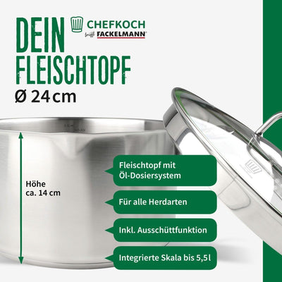 FACKELMANN Chefkoch Topf Ø24 cm München aus Edelstahl – Hochwertiger Kochtopf Ausschüttfunktion – Fü