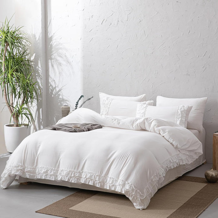 Herside Weiss Rüsche Bettwäsche 240x220 cm Böho Bettwäsche Sets 2-Schicht Weiss Rüschen Design Weich