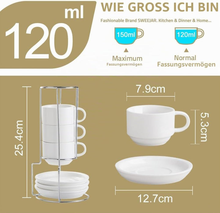 Sweejar Home Porzellan Cappuccino Tassen mit Untertassen und Metallständer, stapelbare Espressotasse