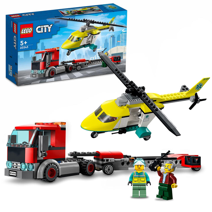 LEGO 60343 City Hubschrauber Transporter, Spielzeug ab 5 Jahren mit LKW, Rettungshubschrauber und Mi