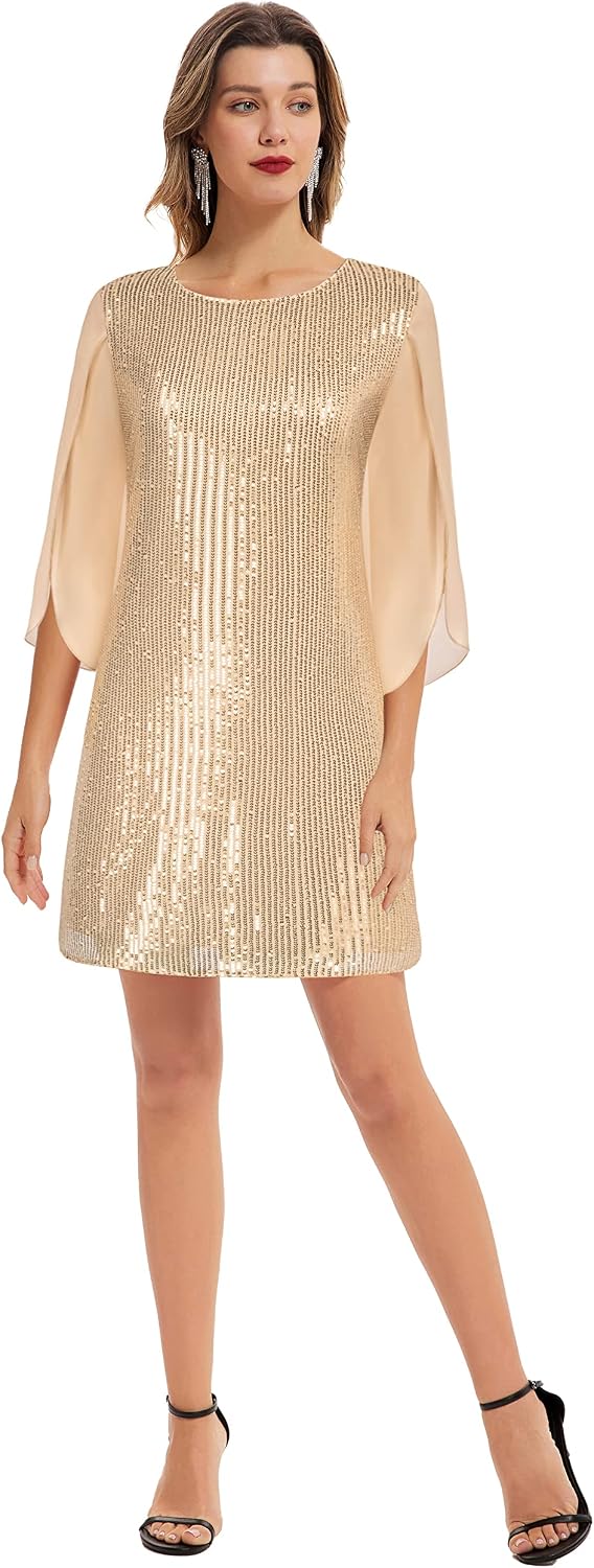 GRACE KARIN Damen Pailletten Kleid 3/4 Ärmel Party Cocktailkleid Club Glitzer Kleid Vintage MidiKlei