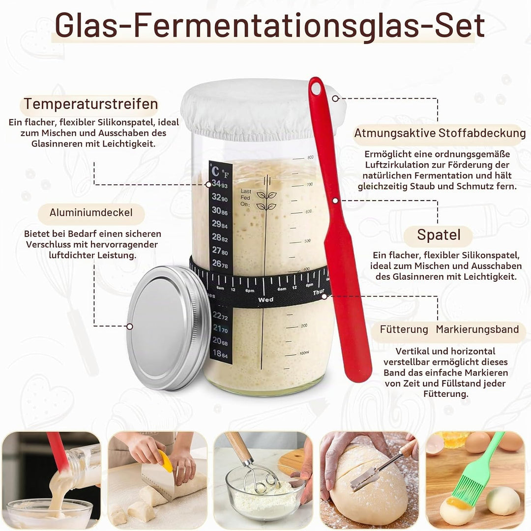 Brot Gärkörbchen Set, 14-Teilig Sauerteig Starter Set mit 2 Gärkörbe Rattan, Sauerteig Starterglas,