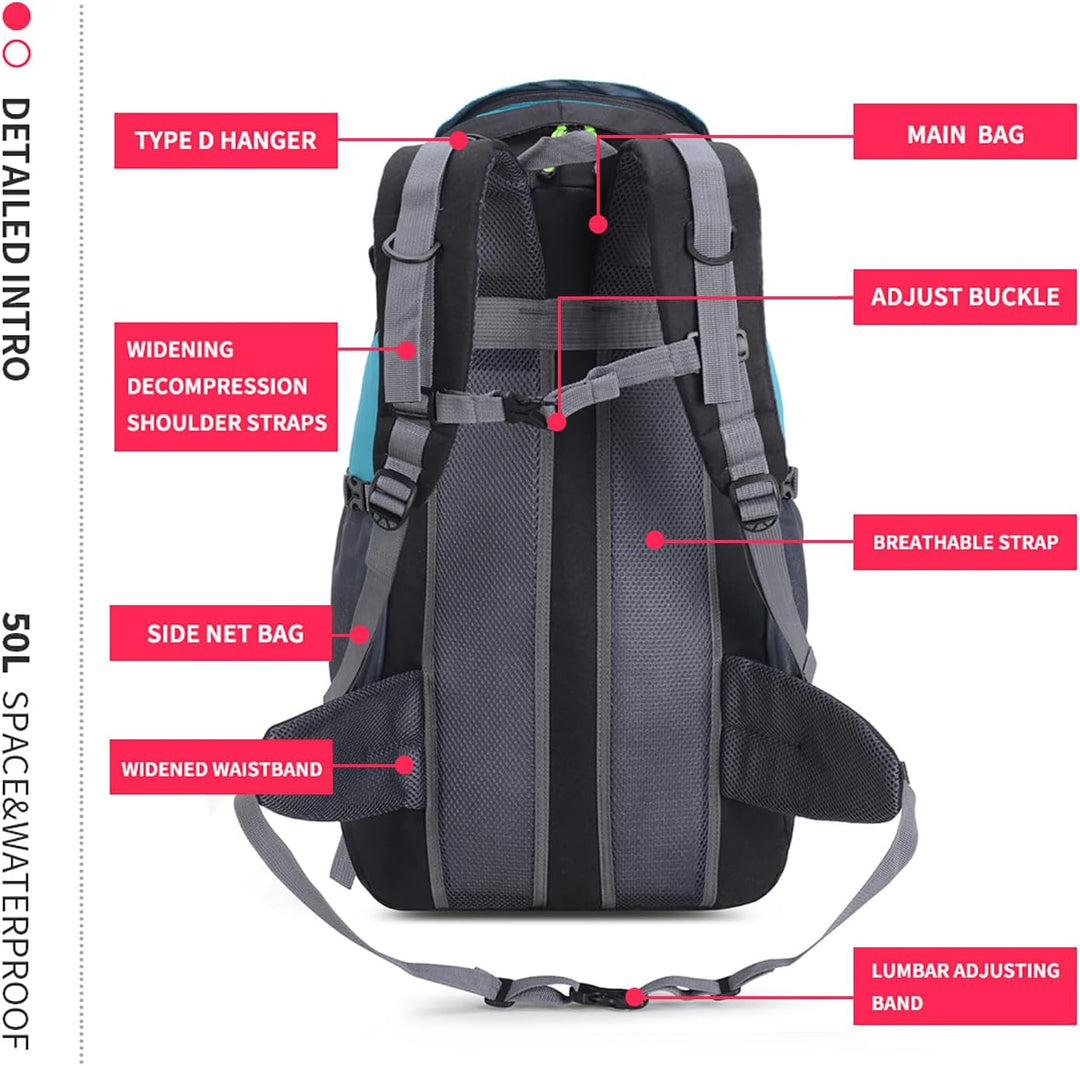 Bseash 50L Leichter wasserfester Wanderrucksack, Outdoor Sport Tagesrucksack Multifunktions Reisetas