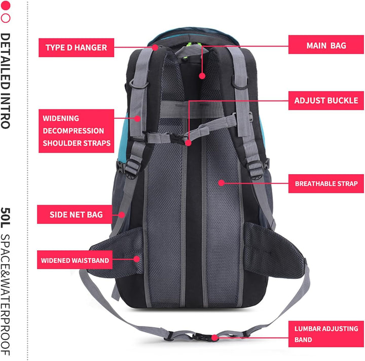 Bseash 50L Leichter wasserfester Wanderrucksack, Outdoor Sport Tagesrucksack Multifunktions Reisetas