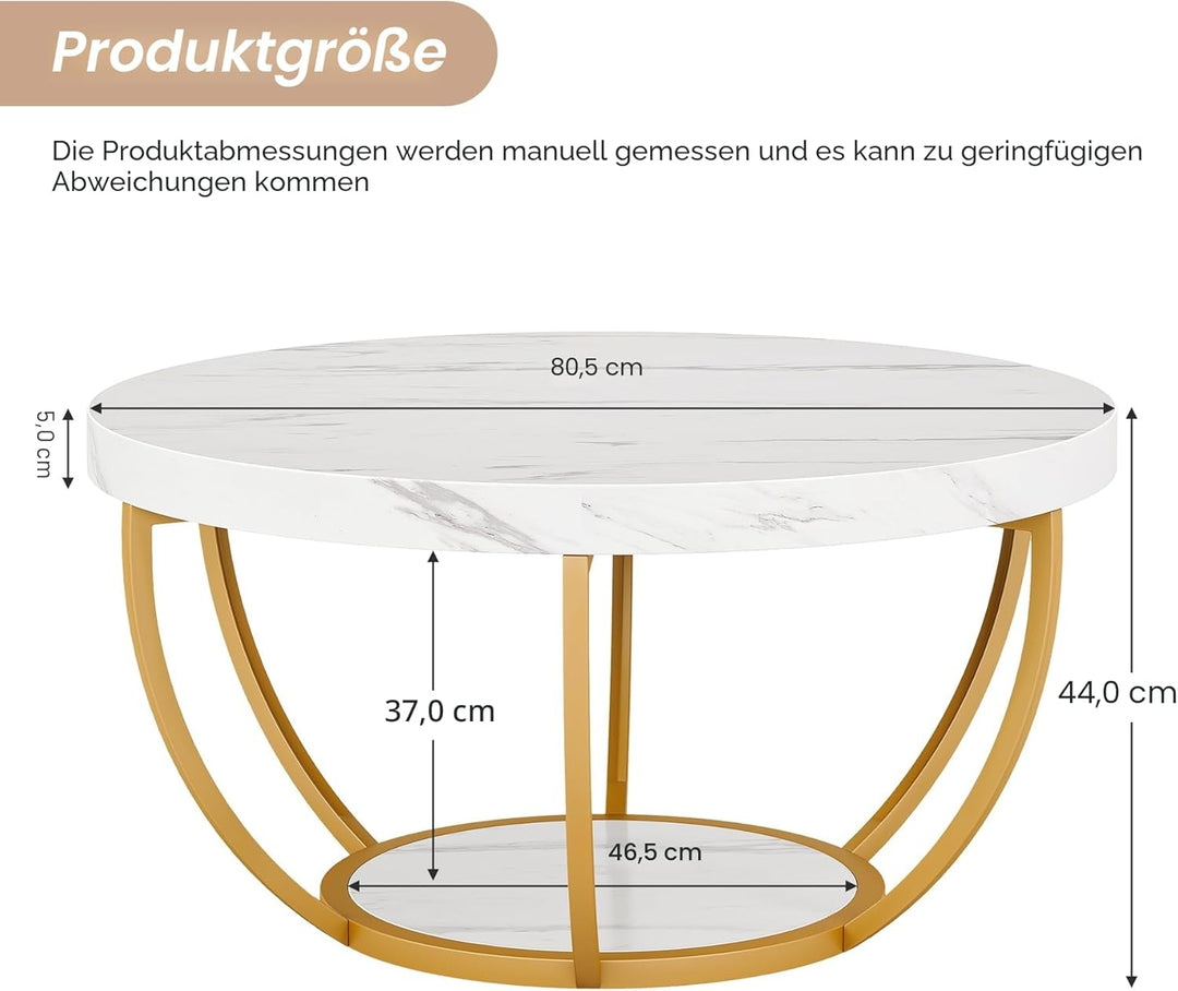 Tribesigns moderner runder Couchtisch, 2-stöckiger Couchtisch mit weissem Marmor und goldenen Metall