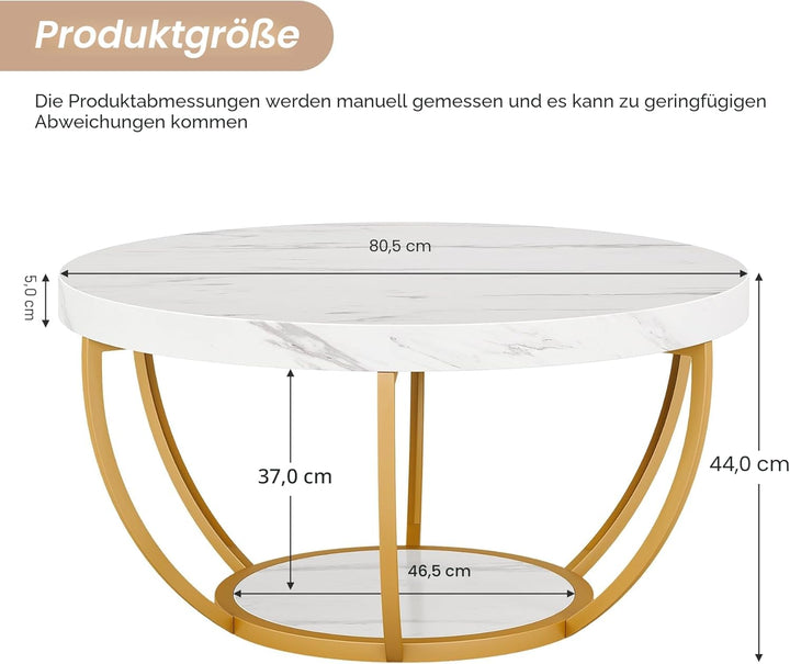 Tribesigns moderner runder Couchtisch, 2-stöckiger Couchtisch mit weissem Marmor und goldenen Metall