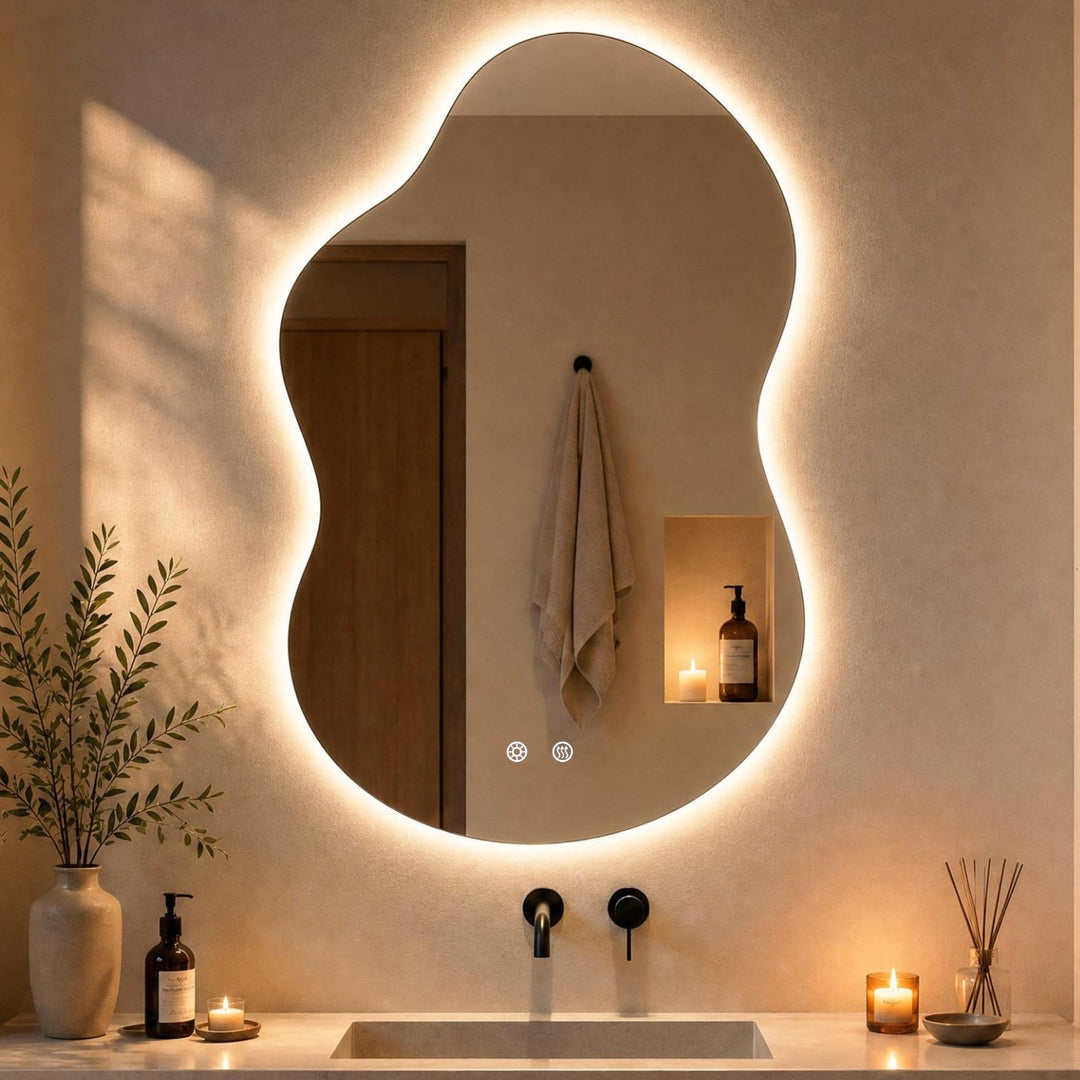 Clevich Badspiegel mit Beleuchtung Asymmetrisch 90×60 cm, LED Spiegel mit 3 Lichtfarben dimmbar, geh