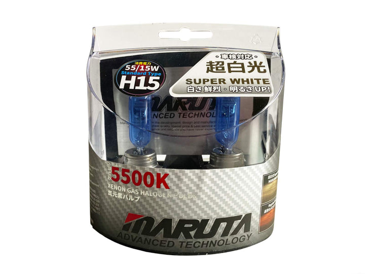 MARUTA SUPER WHITE H15 12V 55/15W Halogenlampe für Fernlicht & Tagfahrlicht, 5500K Xenon-Effekt, lan