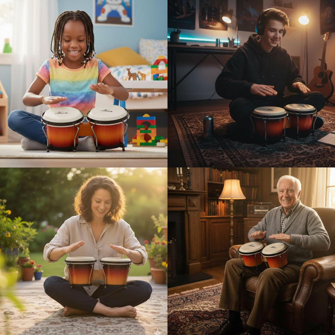 XDrum Bongos Club - 6" Macho und 7" Hembra - Naturfelle - professionelles Stimmsystem - Schwarz sati