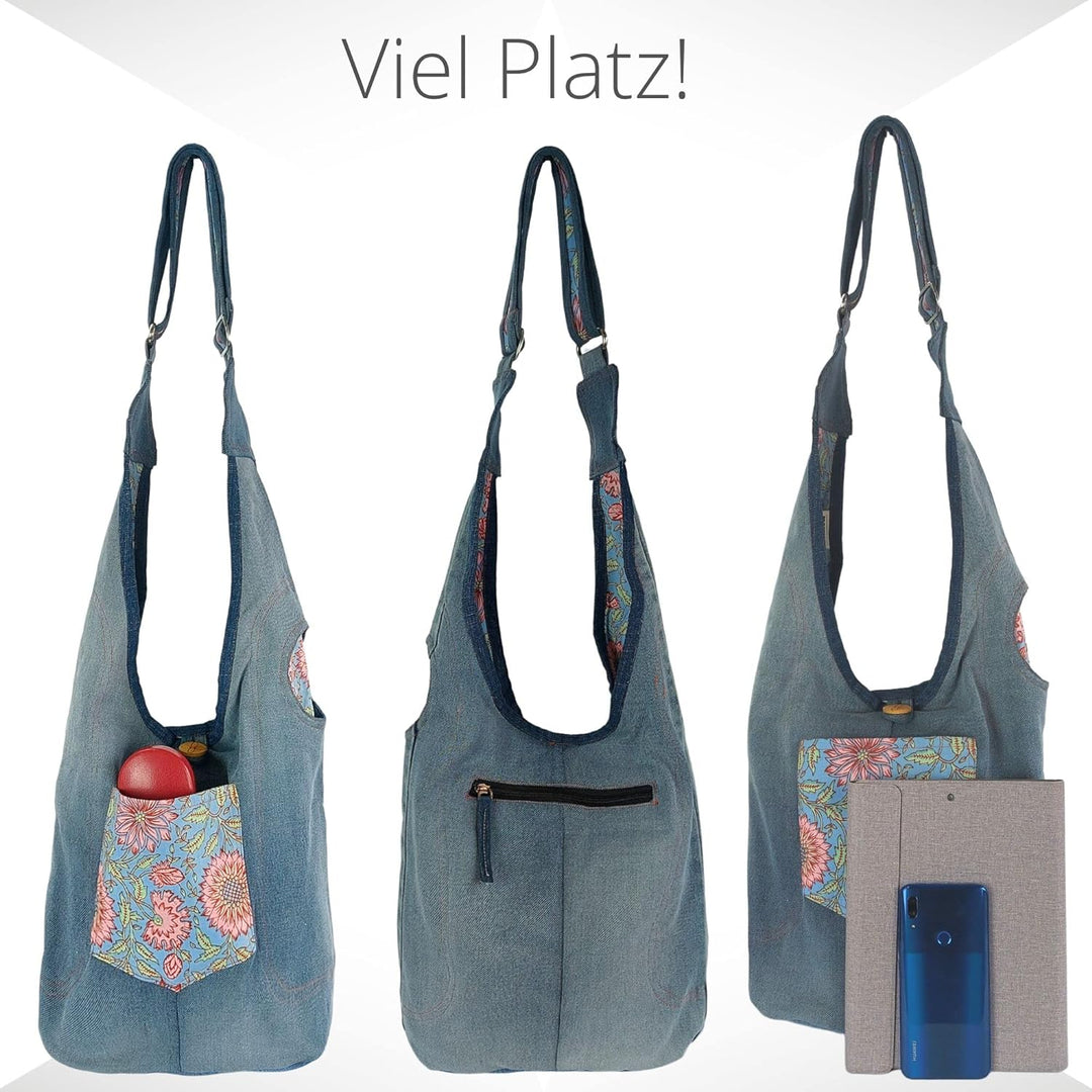 Sunsa Damen nachhaltige Hobo Tasche. Umhängetasche aus recycelte Jeans & Baumwolle. Boho blumig Cros