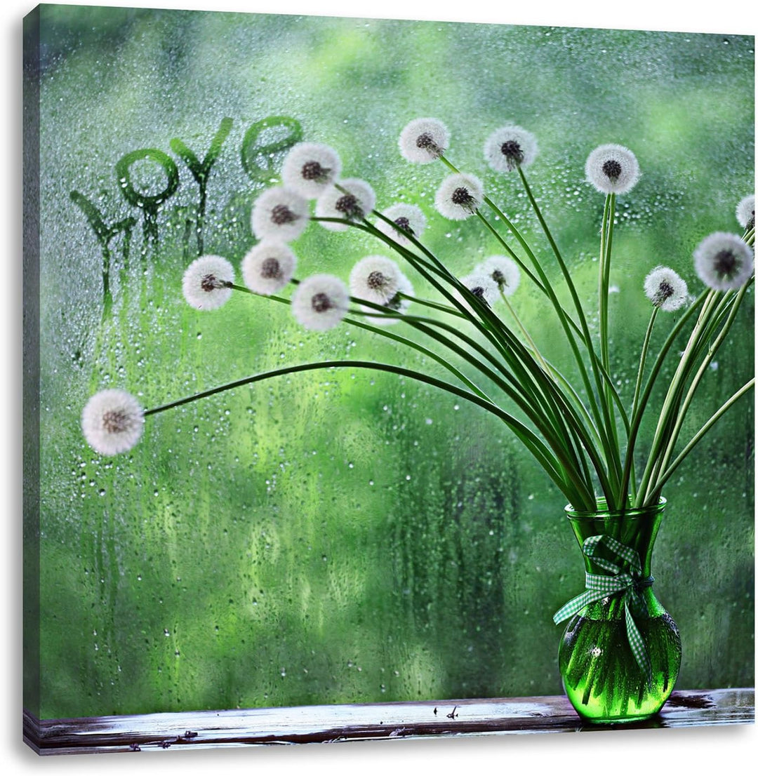 Pixxprint Pusteblumen am verregneten Fenster, Format: 70x70 auf Leinwand, 70x70