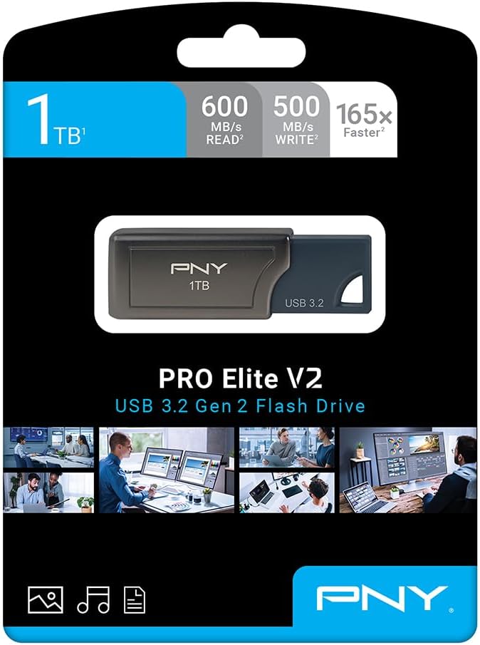 PNY 1TB PRO Elite V2 USB 3.2 Gen 2 Flash-Laufwerk, bis zu 600 MB/s Lesegeschwindigkeit, Dunkelgrau U