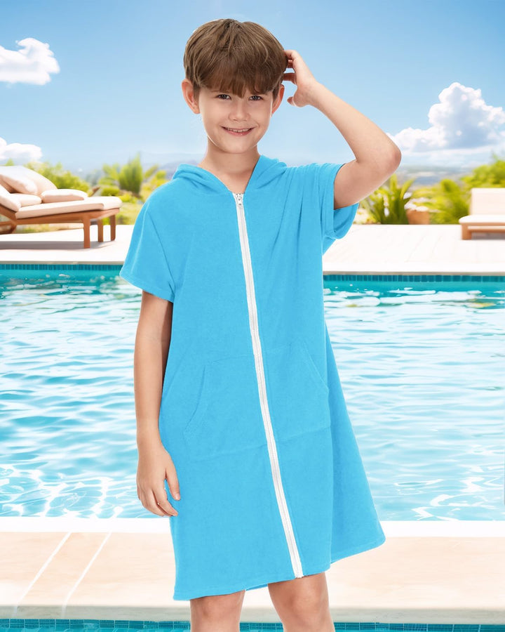 BesserBay Mädchen Badeponcho Kapuze Poncho mit Taschen Zip Cover Up Kinder Unisex 120-160 130 Blau,