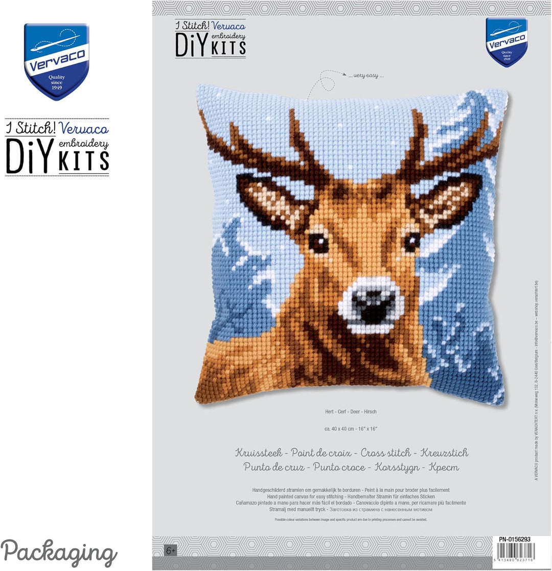 Vervaco Kreuzstichkissen Hirsch Kreuzstichpackung, Stramin, Weiss, 40 x 40 x 0,3 cm