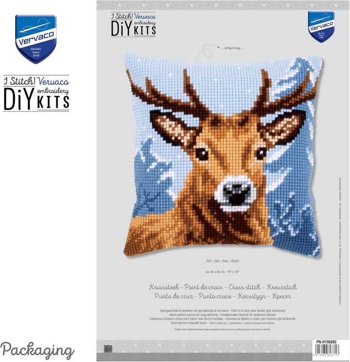 Vervaco Kreuzstichkissen Hirsch Kreuzstichpackung, Stramin, Weiss, 40 x 40 x 0,3 cm