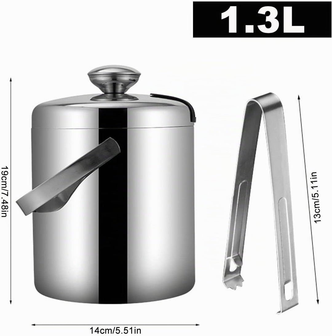 Emsmil Eiseimer mit Deckel Zange und Sieb 1.3L Eiskübel Edelstahl Doppelstöckiger Design Eisbehälter