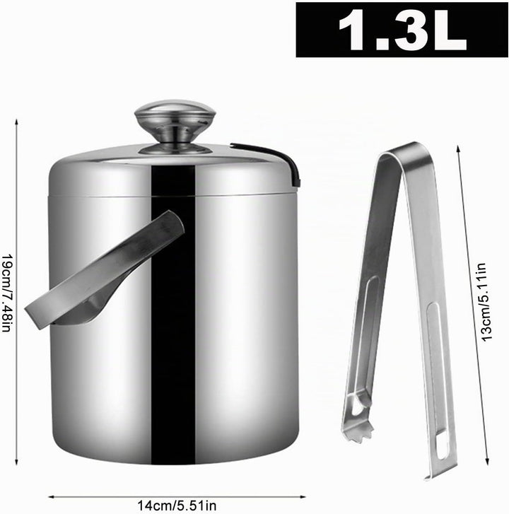 Emsmil Eiseimer mit Deckel Zange und Sieb 1.3L Eiskübel Edelstahl Doppelstöckiger Design Eisbehälter
