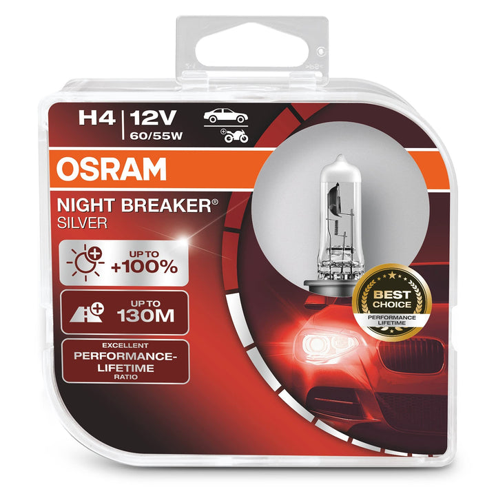 Osram Night Breaker Silver H4, +100% mehr Helligkeit, Halogen-Scheinwerferlampe, 64193NBS-HCB, 12V P
