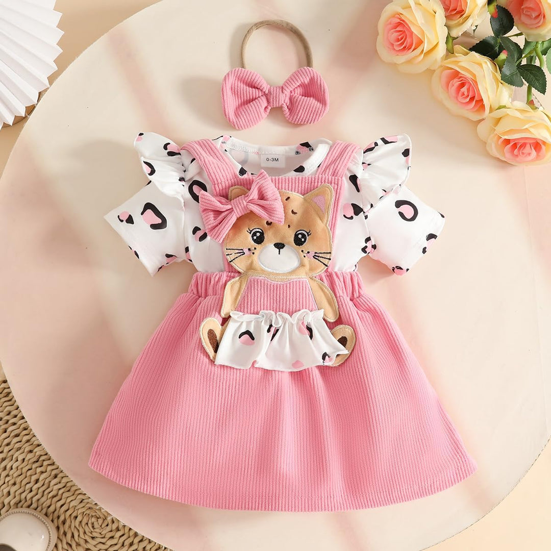 Neugeborenes Baby Mädchen Röcke Sets Kurzarm Rüschen Top + Bedrucktes Overalls Hosenträger Kleid + S