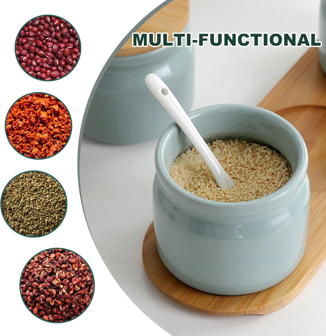 Keramik Gewürzgläser 2er Set, Gewürzbehälter Zuckerdose mit Bambus Deckel Löffel und Tablett, 300 ML