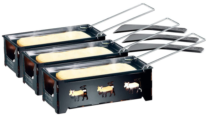 Rosenstein & Söhne Raclette Stövchen: 3er-Set Teelicht-Raclette, mit Schaber (Racletteofen mit Kerze
