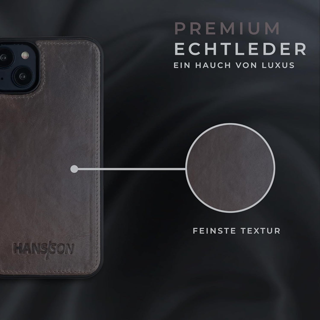 HANS/SON Lederhülle mit Kartenfächern | iPhone 14 | Echtleder | 6,1 Zoll | Schmal | Klapphülle | Sto