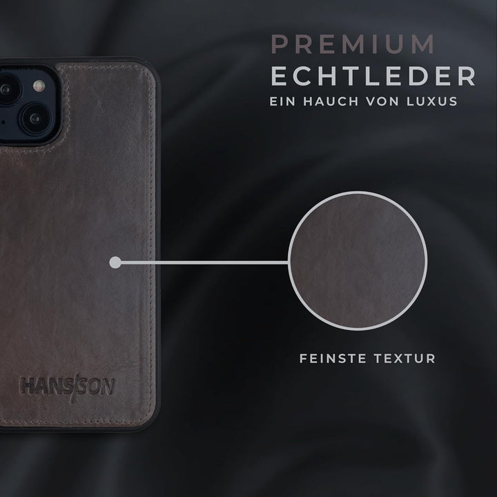 HANS/SON Lederhülle mit Kartenfächern | iPhone 14 | Echtleder | 6,1 Zoll | Schmal | Klapphülle | Sto