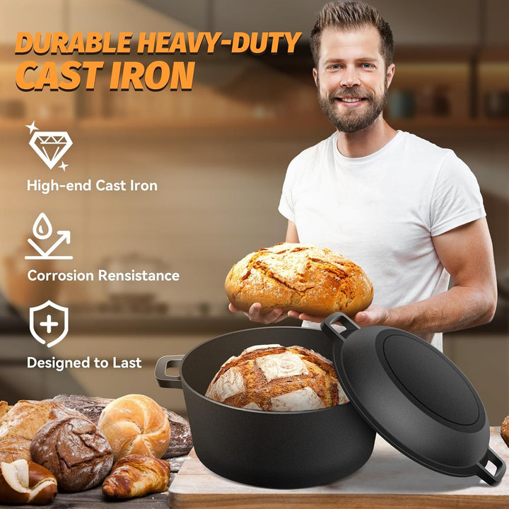 NZQXJXZ Gusseisen Topf Dutch Oven 26cm, Brotbacktopf mit Deckel zum Brotbacken, 2-in-1 Brotbackform