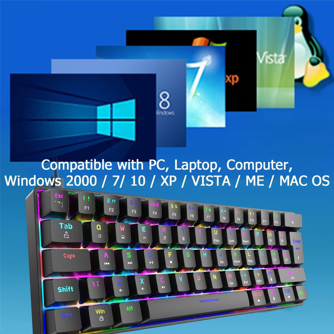 Mini 60% RGB Gaming-Tastatur,Mechanischer Blaue Schalter mit Kompakten 62 Tasten,18 RGB LED-Chroma-H