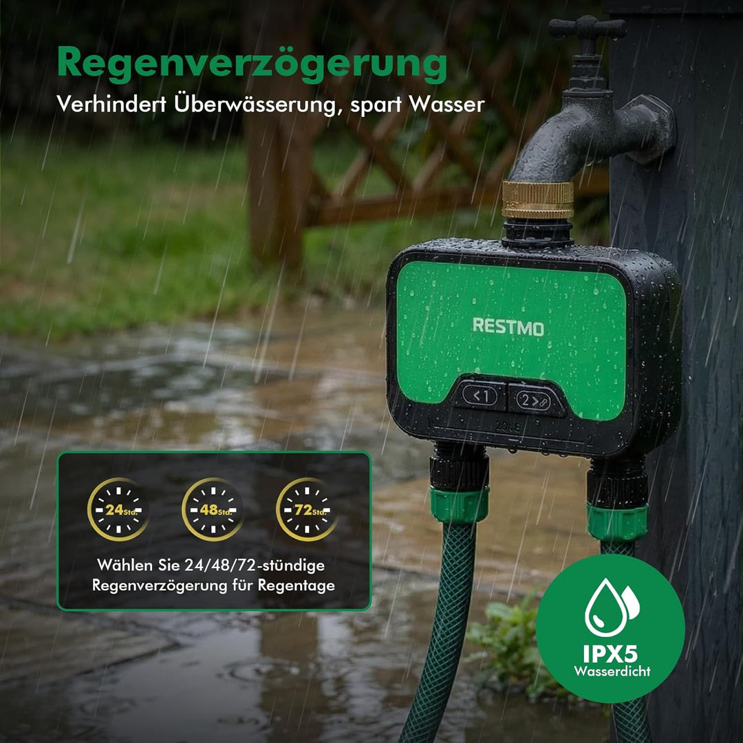 RESTMO 2 Zonen Bewässerungscomputer WLAN + RF Hub mit Durchflussmesser, Automatische Garten Bewässer