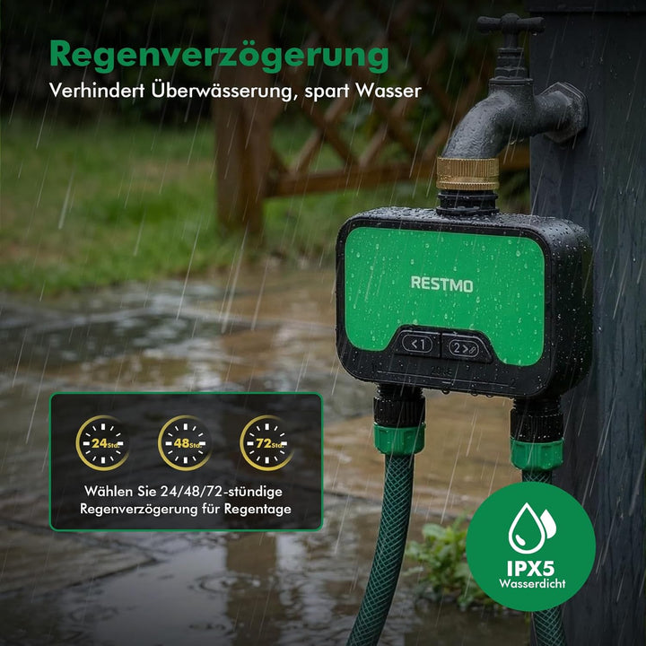 RESTMO 2 Zonen Bewässerungscomputer WLAN + RF Hub mit Durchflussmesser, Automatische Garten Bewässer