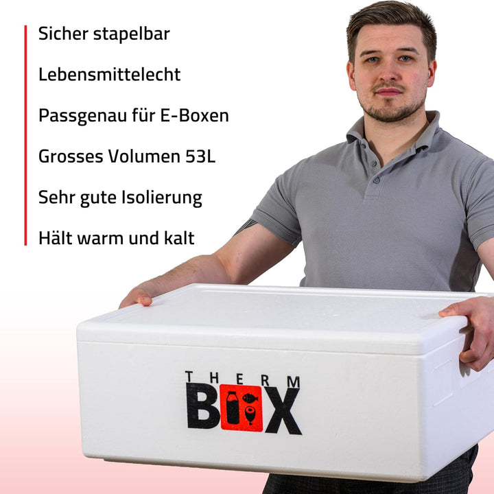 THERM BOX 53W Styroporbox 53 Liter für E2 Kiste Innen 62,5x44x20cm Wandstärke 3cm Thermobox Isolierb