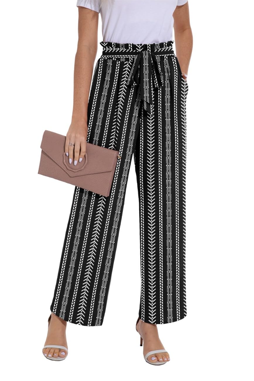 PrinStory Damen Hose Mit Weitem Bein Leichte Elastische Taille Sommer Hose Mit Taschen Kausale Arbei