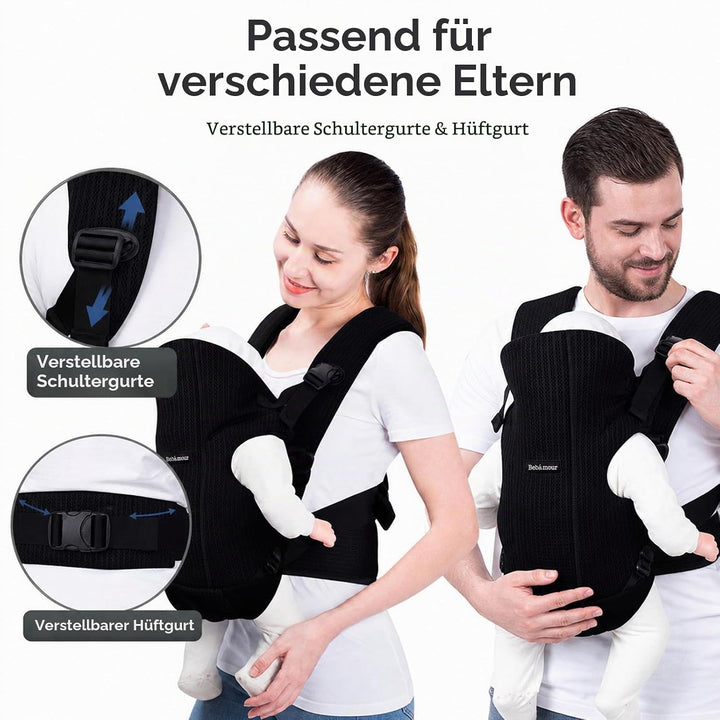 Bebamour Babytrage Vorder und Rückentrage mit 2 Schulterlätzchen, Black, Black