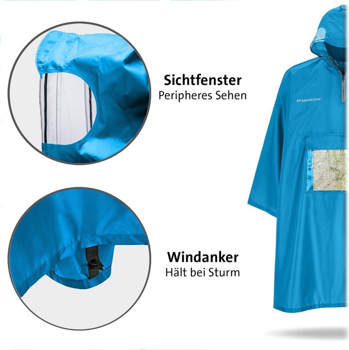 STANDWERK Regenponcho mit einzigartiger Navigationstasche und Sichtfenster fürs Wandern - Regencape