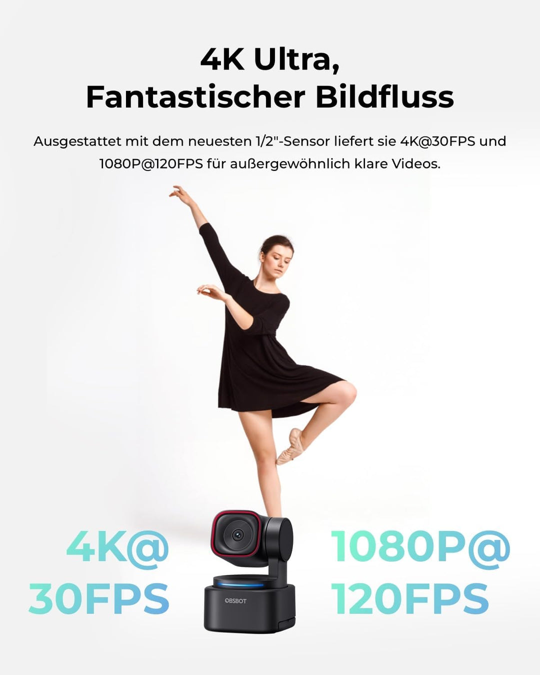 OBSBOT Tiny 3 Lite AI-Powered Spatial Audio 4K Webcam – Kompakte AI-Tracking-PTZ-Kamera mit 1/2"-Sen