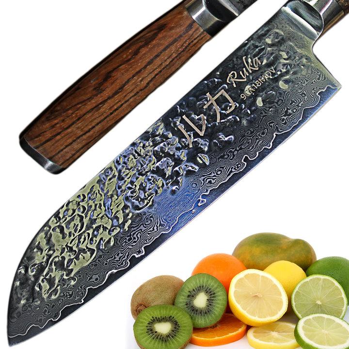 Ruka Santokumesser - Damaststahl Küchenmesser 19 cm - rostfrei - sehr scharfe Klinge - Extreme Härte