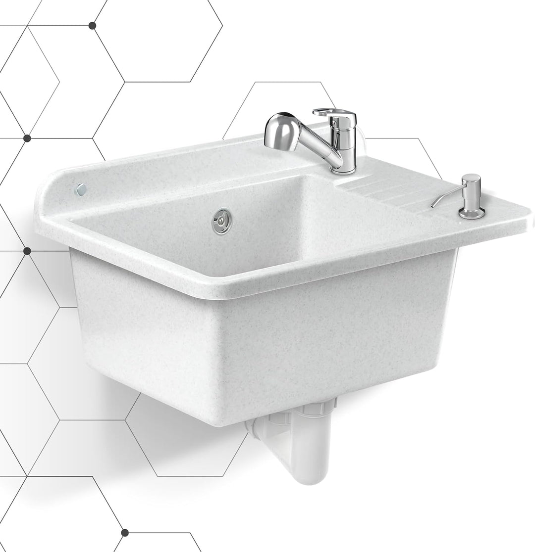 GOSPO Ausgussbecken aus Polypropylen, 50,5 x 34 x 26,5 cm, Spülbecken mit Armatur, Siphon, Seifenspe