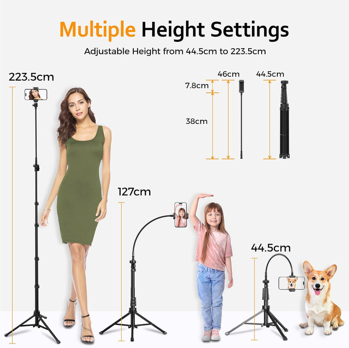 Aureday Handy Stativ Ständer 223cm Selfie Handy Stativ mit 38cm Flexibler Schlauch 360° Drehbarer, B