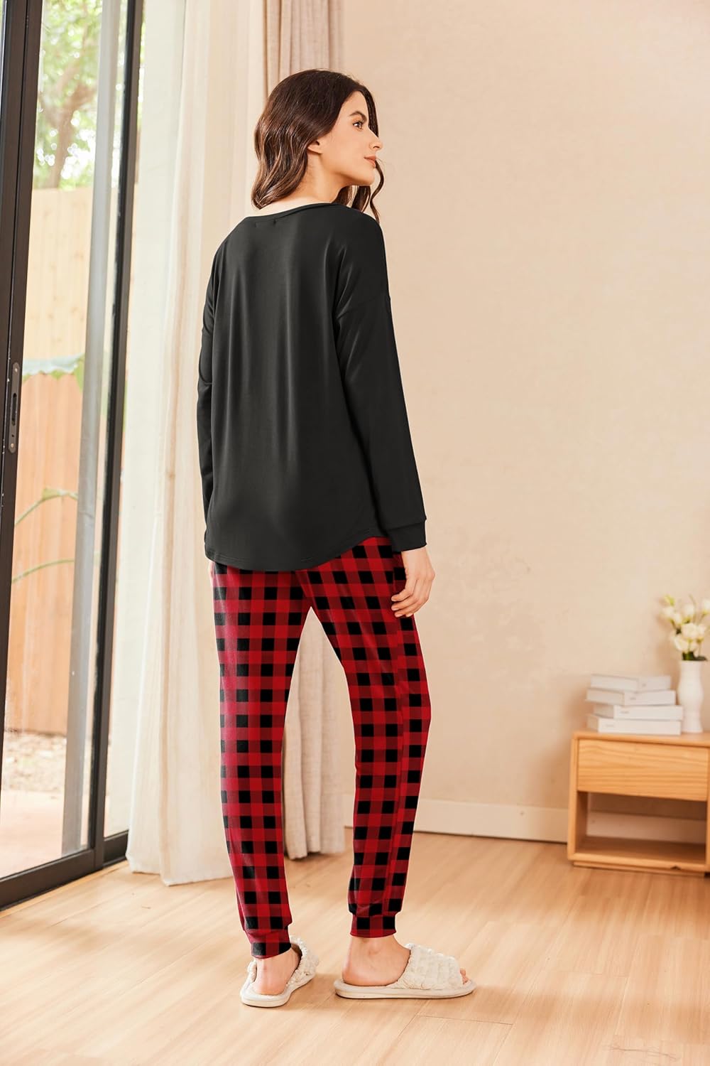 Ekouaer Schlafanzug Damen Lang Zweiteiler Pyjama Langarm Warm Pyjama Set Weich Nachtwäsche Kariert,