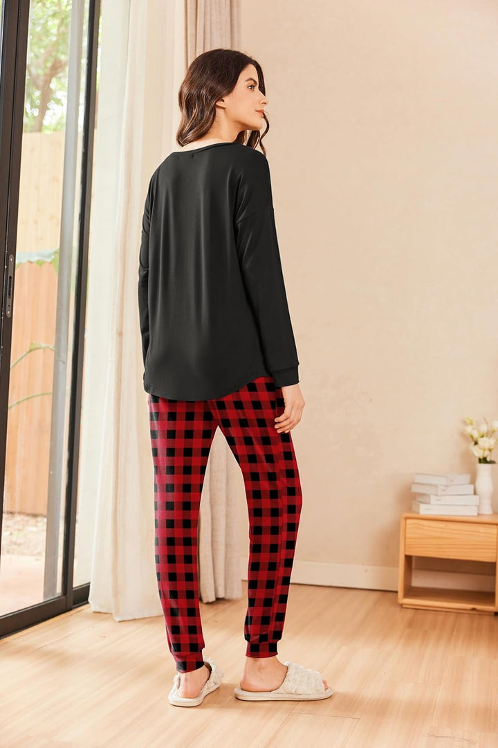Ekouaer Schlafanzug Damen Lang Zweiteiler Pyjama Langarm Warm Pyjama Set Weich Nachtwäsche Kariert,