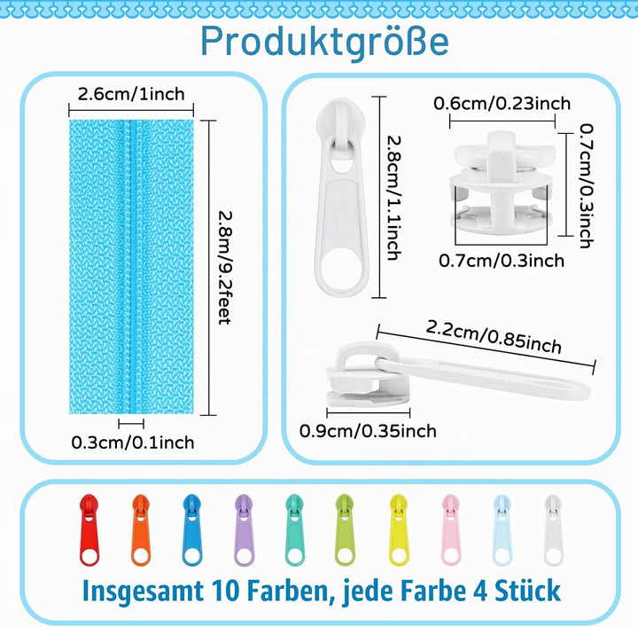 DOITEM 2,8 mm 10 Farben Reissverschlüsse 28 m Nylon-Endlos-Reissverschluss-Set mit Schieber und Reis