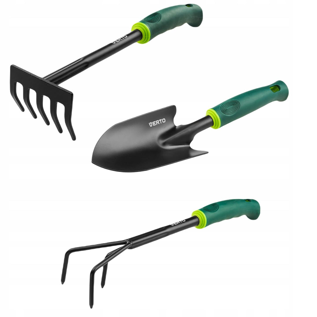 VERTO Gartengeräte-Set 3 TLG. | Pflanzkelle 34 cm + Grubber 36,5 cm + Handrechen 34 cm | Stabiler, v