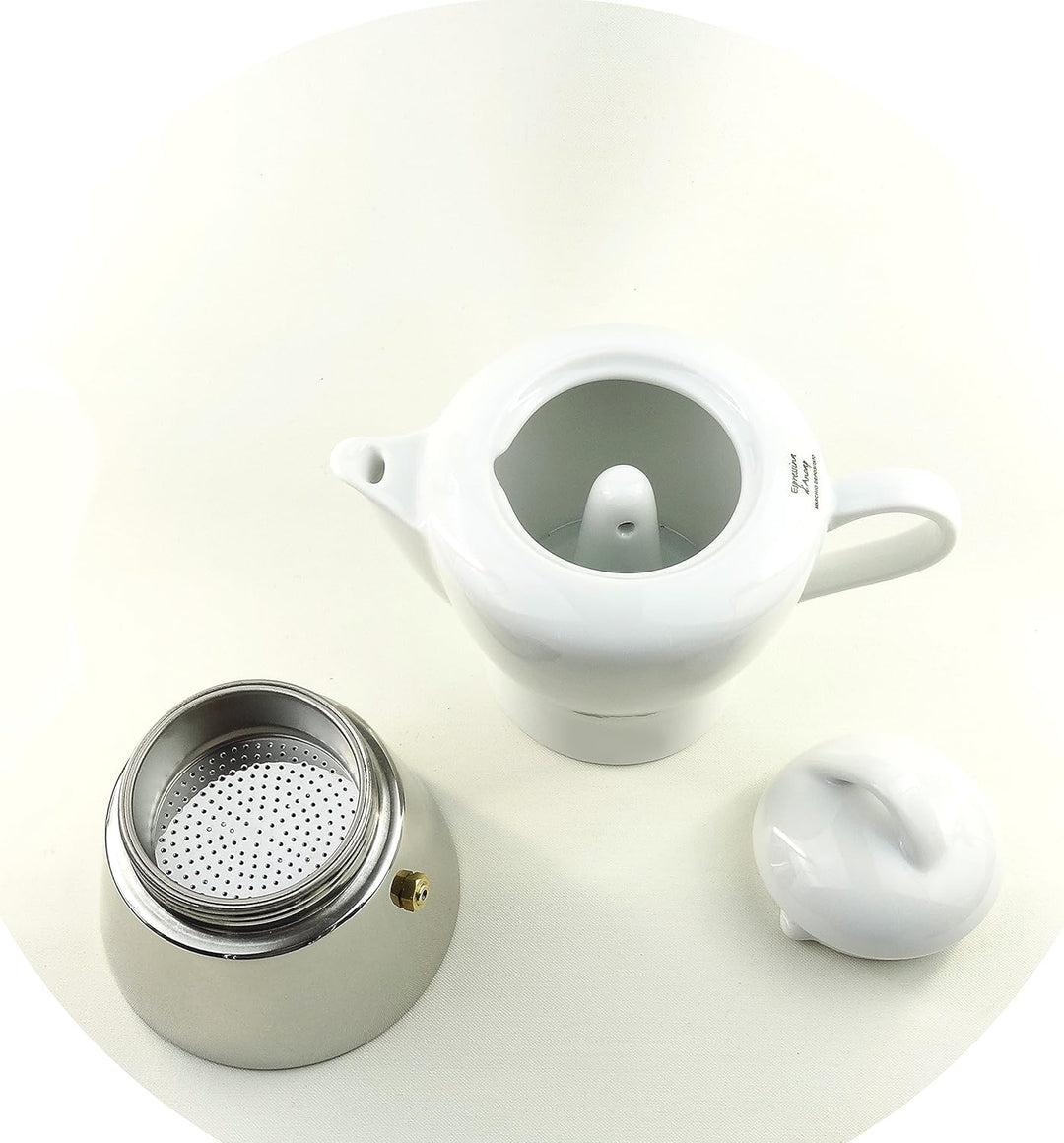 Moka Consorten Italienischer Espressokocher »Nicole« | Edelstahl und weisses Porzellan | Höhe: 16 cm