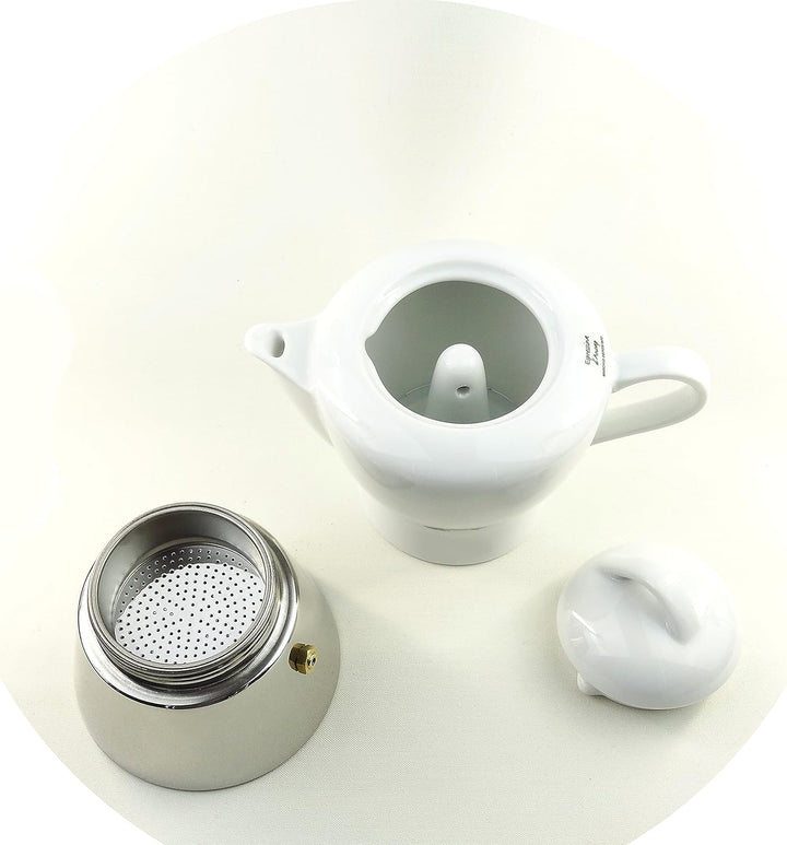 Moka Consorten Italienischer Espressokocher »Nicole« | Edelstahl und weisses Porzellan | Höhe: 16 cm