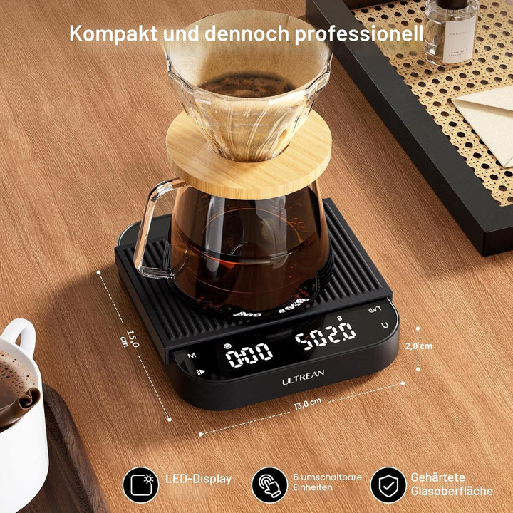 Ultrean Kaffeewaage mit Timer, wiederaufladbare Küchenwaage für Espresso und Pour-Over Kaffee, 3 kg/