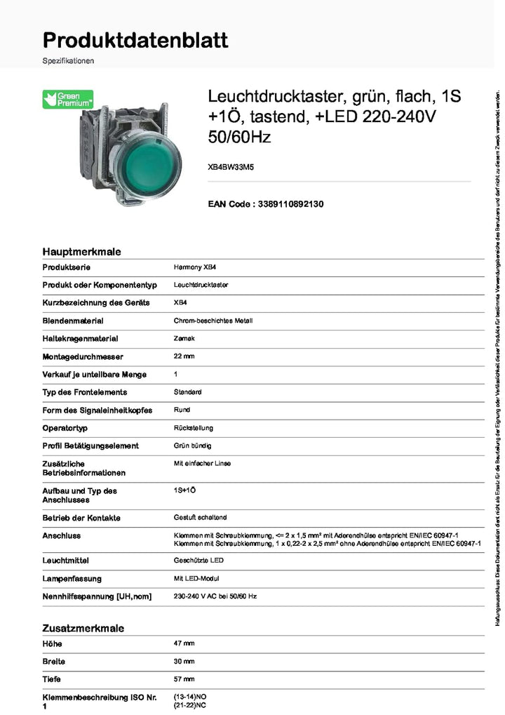 Schneider Electric | XB4BW33M5 - Leuchtdrucktaster, grün, flach, 1S+1Ö, tastend, 220-240V 50/ bei 60