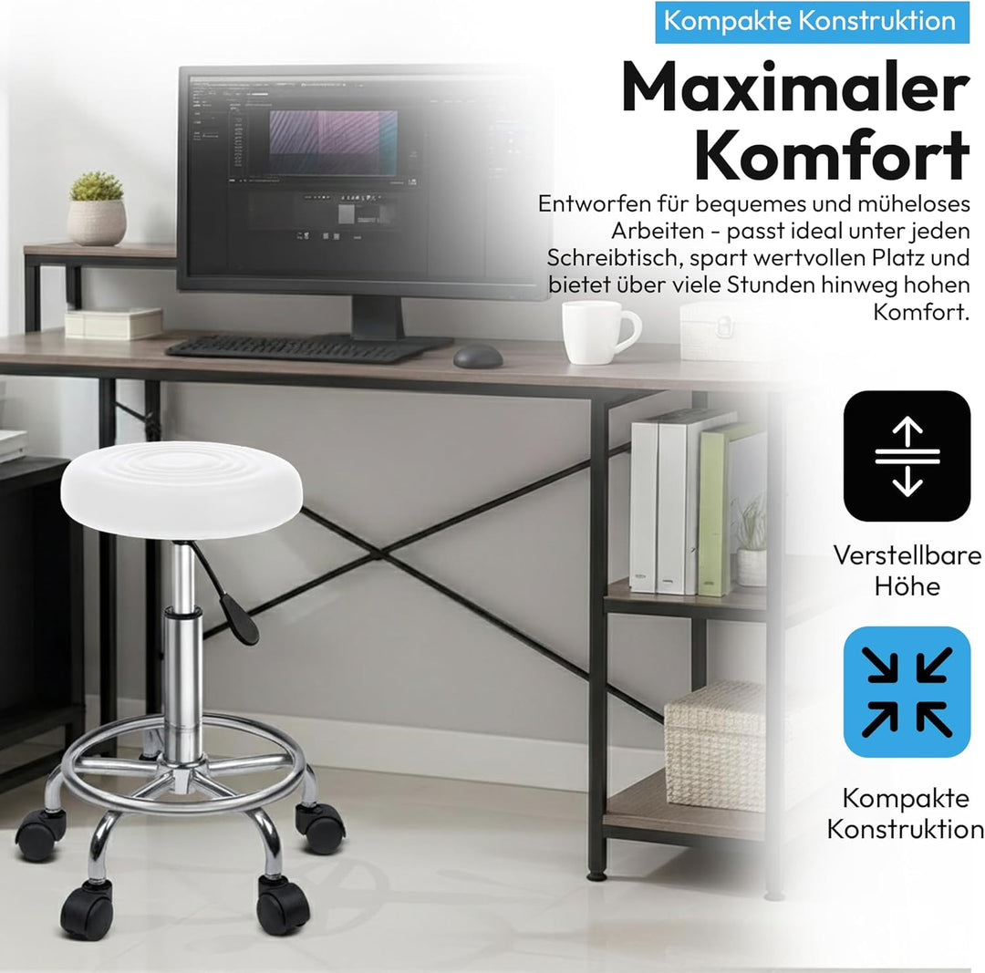 Ergonomie rollbarer Arbeitshocker Drehhocker Barhocker Praxishocker Rollhocker höhenverstellbar, wei