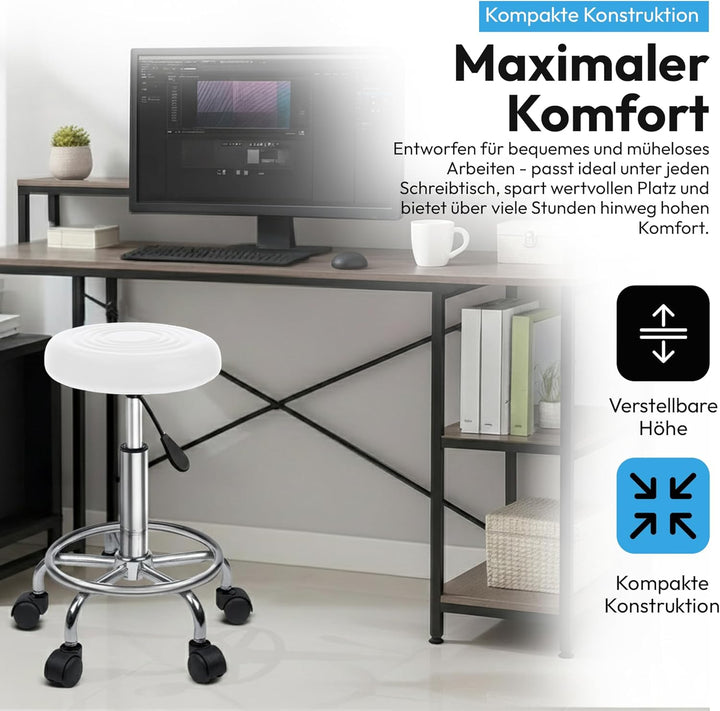 Ergonomie rollbarer Arbeitshocker Drehhocker Barhocker Praxishocker Rollhocker höhenverstellbar, wei